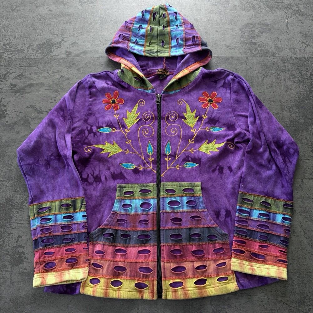 Rising Int'l Artsy Floral Patchwork Hoodie Jacket Sz Large Colorful Boho Cotton